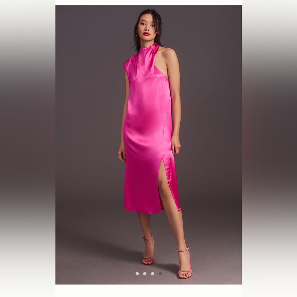 Corey Lynn Calter One shoulder hot pink silky midi dress Barbie would wear